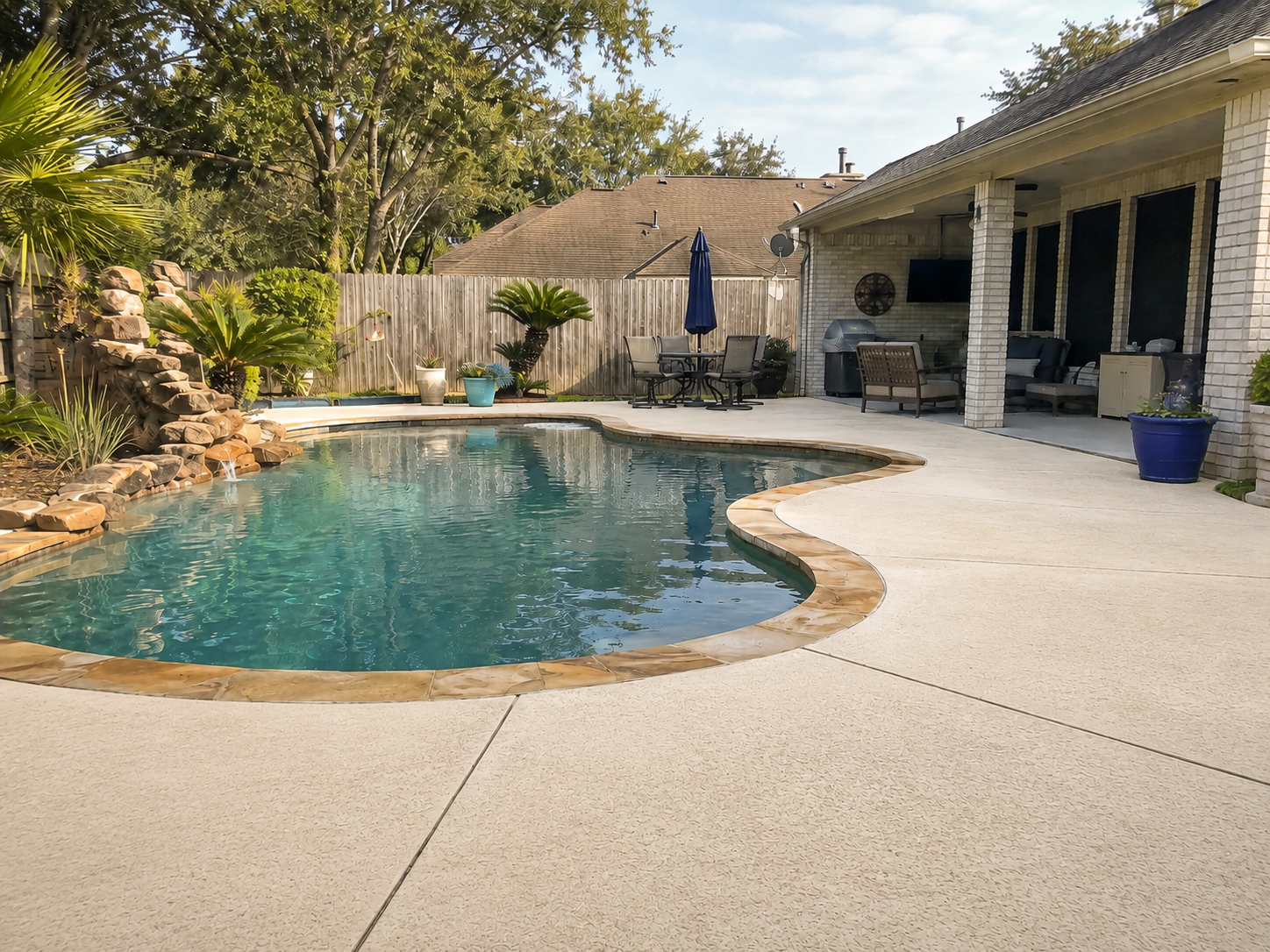 Clean residential pool deck and fence line