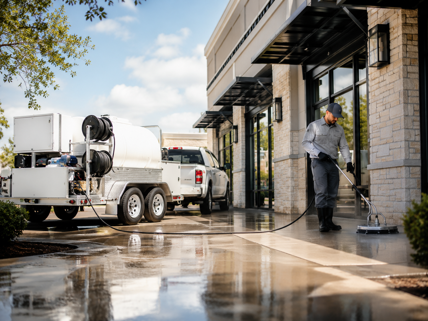 Commercial sidewalk mid-clean showing the line between cleaned and uncleaned concrete